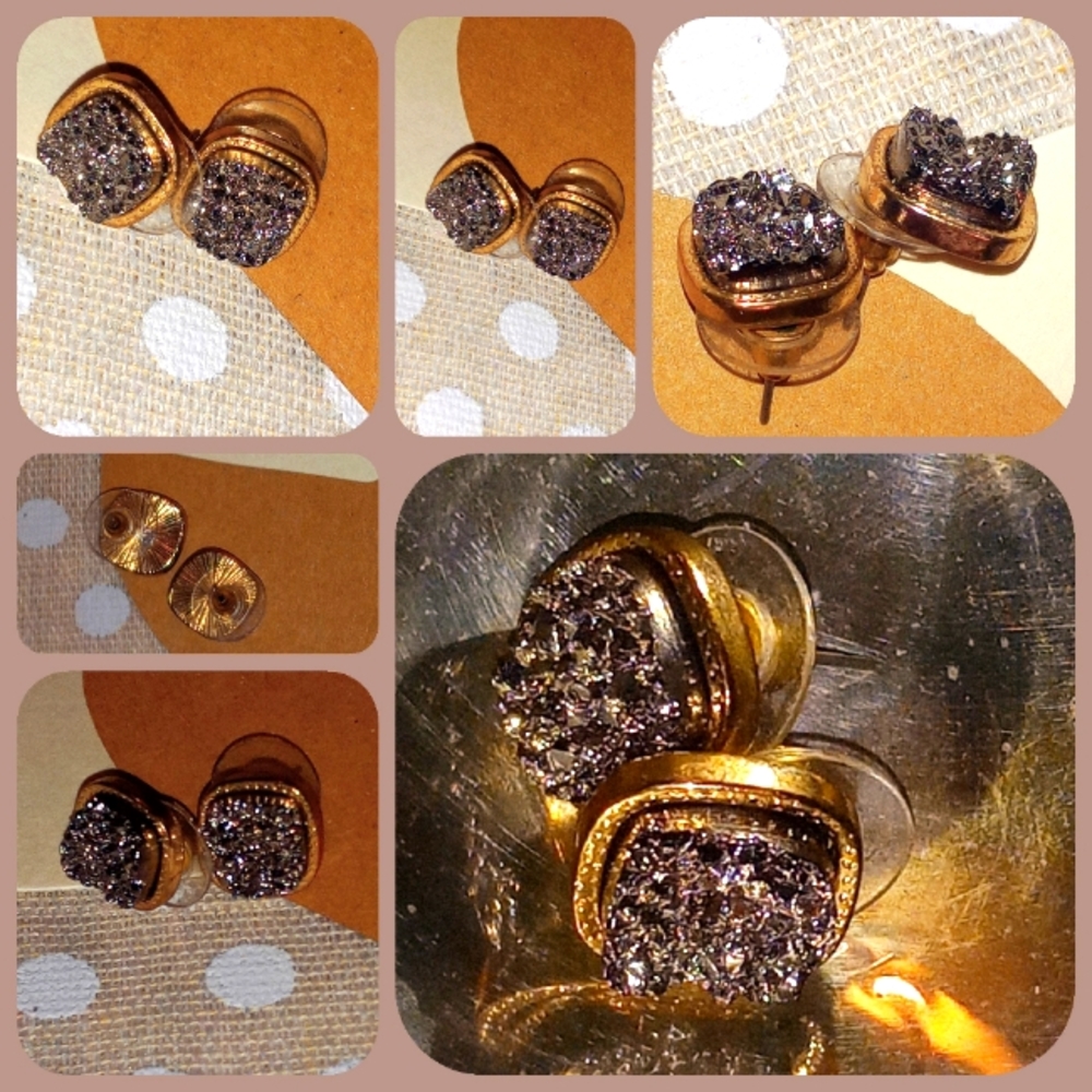 Gold Square Sparkly Brown Crystal Post Earrings